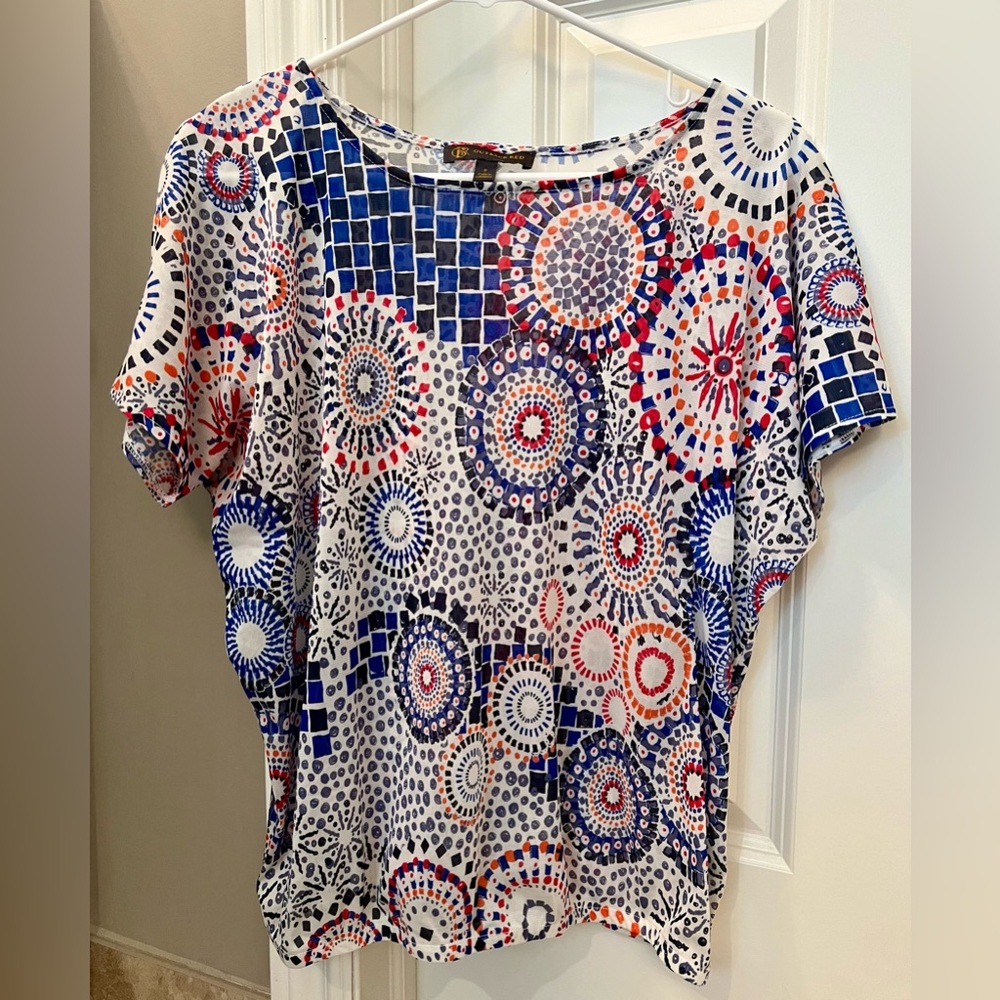 The Limited, Outback Red collection top. Red, white, and blue mesh top.